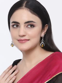 ZENEME - Rhodium-Plated Yellow American Diamond Studded Teardrop & Quirky Earrings for Women