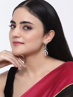 ZENEME - Rhodium-Plated Pink American Diamond Studded Teardrop & Quirky Earrings for Women