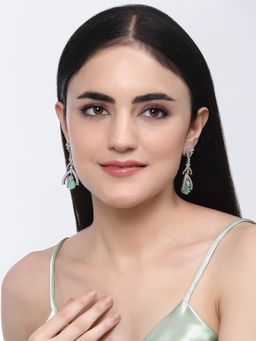 ZENEME - Rhodium-Plated Green American Diamond Studded Teardrop & Quirky Earrings for Women