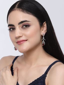 ZENEME - Rhodium-Plated Red American Diamond Studded Teardrop & Quirky Earrings for Women