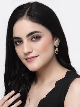 ZENEME - Rhodium Plated Teardrop Yellow American Diamond Studded Drop Earrings for Women