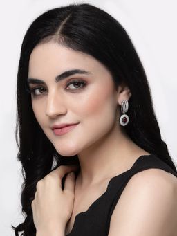 ZENEME - Rhodium-Plated Red American Diamond Studded Circular Shaped Drop Earrings for Women