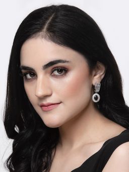 ZENEME - Rhodium Plated Purple American Diamond Studded Circular Shaped Drop Earring for Women