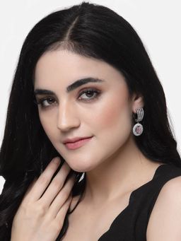 ZENEME - Rhodium-Plated Pink American Diamond Studded Circular Shaped Drop Earrings for Women