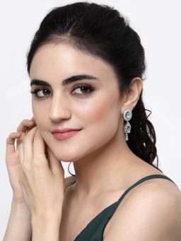 ZENEME - Rhodium-Plated Silver Brass with Green Ad Studded Drop Earrings for Women
