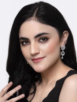 ZENEME - Rhodium-Plated Silver Brass with White Ad Studded Drop Earrings for Women