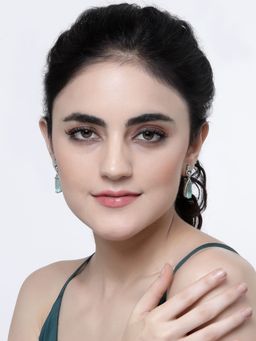 ZENEME - Rhodium-Plated Green American Diamond Handcrafted Crystal Teardrop Shaped Drop Earrings