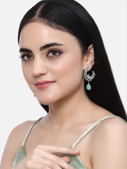 ZENEME - Rhodium-Plated Silver Toned Green American Diamond Dangle Earrings for Women