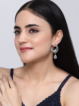 ZENEME - Rhodium-Plated Silver Toned White American Diamond Dangle Earrings for Women