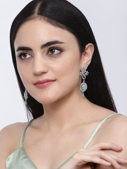 ZENEME - Rhodium-Plated Brass Turquoise Blue Ad Studded Contemporary Drop Earrings for Women