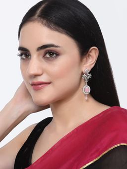 ZENEME - Rhodium-Plated Brass Pink Ad Studded Contemporary Drop Earrings for Women