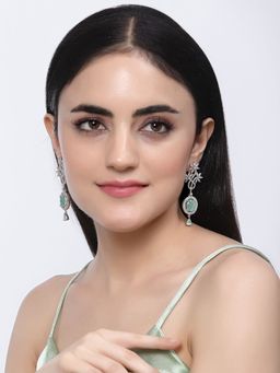 ZENEME - Rhodium-Plated Brass Lime Green Ad Studded Contemporary Drop Earrings for Women