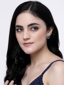 ZENEME - Rhodium-Plated Silver Blue Crystal Ad Studded Floral Shaped Stud Earrings for Women