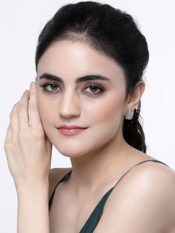 ZENEME - Rhodium-Plated Silver Green Crystal Ad Studded Floral Shaped Stud Earrings for Women