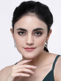 ZENEME - Rhodium-Plated Green American Diamond Studded Handmade Floral Drop Earrings for Women