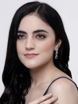 ZENEME - Rhodium-Plated Pink American Diamond Studded Handmade Floral Drop Earrings for Women