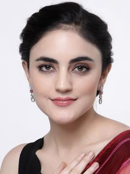 ZENEME - Rhodium-Plated Red American Diamond Studded Handmade Floral Drop Earrings for Women