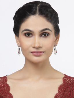 ZENEME - Rhodium-Plated Silver Toned American Diamond Studded Quirky Shaped Drop Earrings