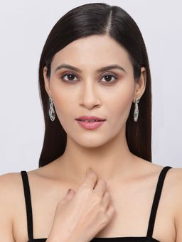 ZENEME - Rhodium-Plated Silver Toned American Diamond Studded Quirky Shaped Drop Earrings