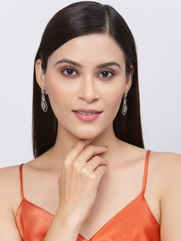 ZENEME - Rose Gold Gunmetal Toned American Diamond Studded Quirky Shaped Drop Earrings