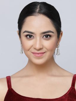 ZENEME - Rhodium Plated Silver Toned White American Diamond Minimalist Drop Earrings for Women