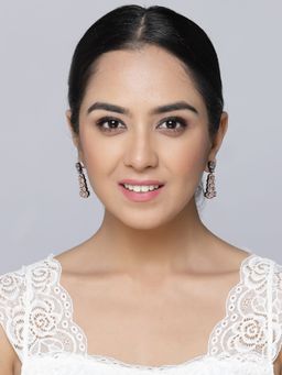 ZENEME - Rose Gold Gun Metal Toned Pink American Diamond Minimalist Drop Earrings for Women