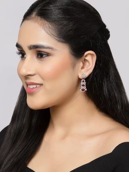 ZENEME - Rose Gold Gun Metal Toned Red American Diamond Minimalist Drop Earrings for Women