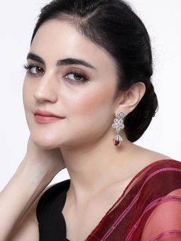 ZENEME - Rhodium-Plated Red American Diamond Dome & Teardrop Shaped Jhumka Earrings for Women