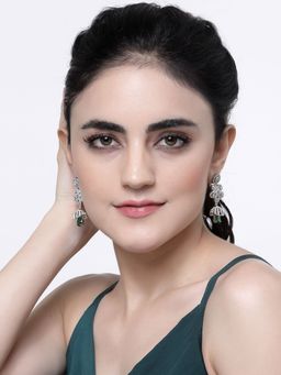 ZENEME - Rhodium-Plated Green American Diamond Dome Teardrop Shaped Jhumka Earrings for Women