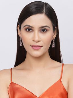 ZENEME - Rose Gold Gun Metal Toned Pink American Diamond Minimalist Drop Earrings for Women