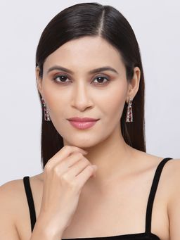 ZENEME - Rhodium Plated Silver Toned Red Ad Contemporary Drop Earrings for Women