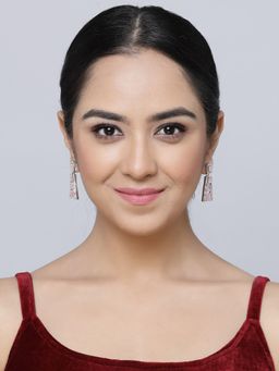 ZENEME - Rhodium Plated Silver Toned Pink Ad Contemporary Drop Earrings for Women