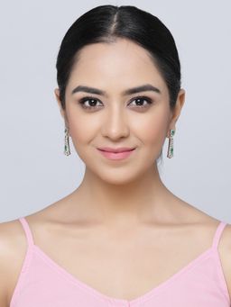 ZENEME - Rhodium Plated Silver Toned Green American Dimond Studded Drop Earrings for Women