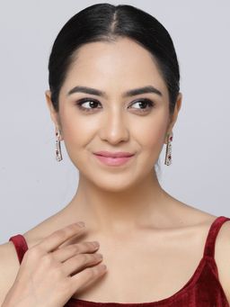 ZENEME - Rhodium Plated Silver Toned Red American Dimond Studded Drop Earrings for Women