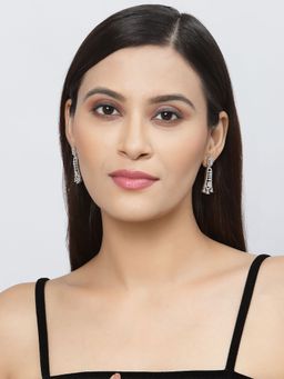 ZENEME - Rhodium Plated Silver Toned Pink American Dimond Studded Drop Earrings for Women