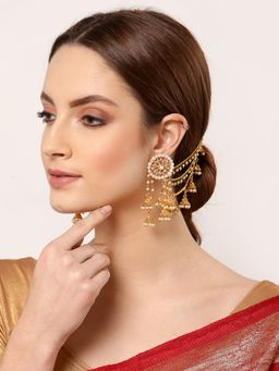 ZENEME - Gold Plated White Drop Jhumka Earrings with Ear Chain for Women