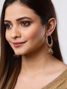 ZENEME - 18 K Gold Plated Red Pearl Hoop & Drop Jhumkis Earrings for Women