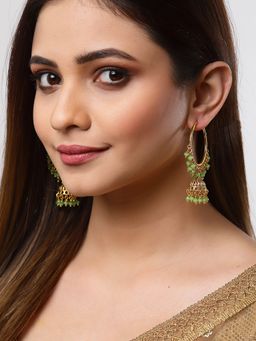 ZENEME - 18 K Gold Plated Sea Green Pearl Hoop & Drop Jhumkis Earrings for Women