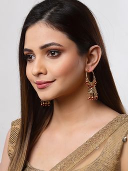 ZENEME - 18 K Gold Plated Red Pearl Hoop & Drop Jhumkis Earrings for Women