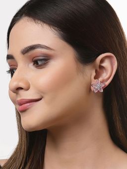 ZENEME - Rhodium-Plated Silver Pink Crystal Ad Studded Floral Shaped Stud Earrings for Women