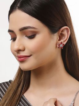 ZENEME - Rhodium-Plated Silver Red Crystal Ad Studded Floral Shaped Stud Earrings for Women
