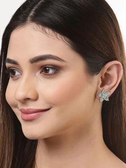 ZENEME - Rhodium-Plated Silver Green Crystal Ad Studded Floral Shaped Stud Earrings for Women