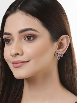 ZENEME - Rhodium Plated Silver Red American Diamond Contemporary Leaf Studs for Women