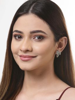 ZENEME - Rhodium Plated Silver Sea Green American Diamond Contemporary Leaf Studs for Women