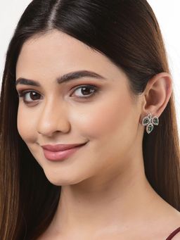 ZENEME - Rhodium Plated Silver Green American Diamond Contemporary Leaf Studs for Women
