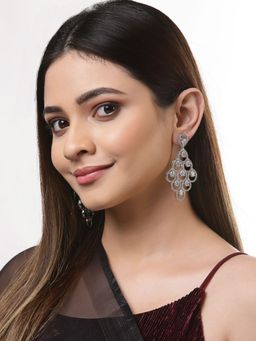 ZENEME - Rhodium Plated White American Diamond Studded Contemporary Dangler Earrings for Women