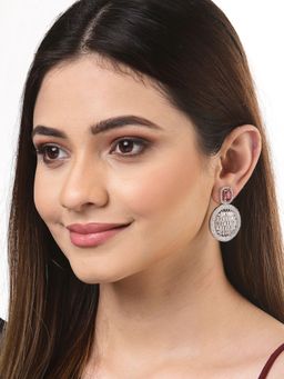 ZENEME - Rhodium Plated Silver Toned Green Ad Geometric Drop Earrings for Women