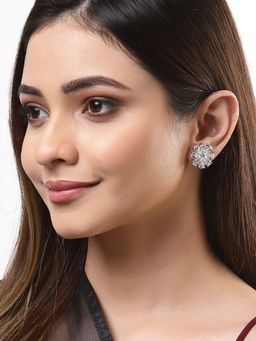 ZENEME - Rhodium-Plated Silver White Crystal Ad Studded Floral Shaped Stud Earrings for Women