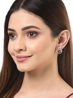 ZENEME - Rhodium-Plated Silver Red Crystal Ad Studded Floral Shaped Stud Earrings for Women