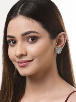 ZENEME - Rhodium-Plated Silver Green Crystal Ad Studded Floral Shaped Stud Earrings for Women